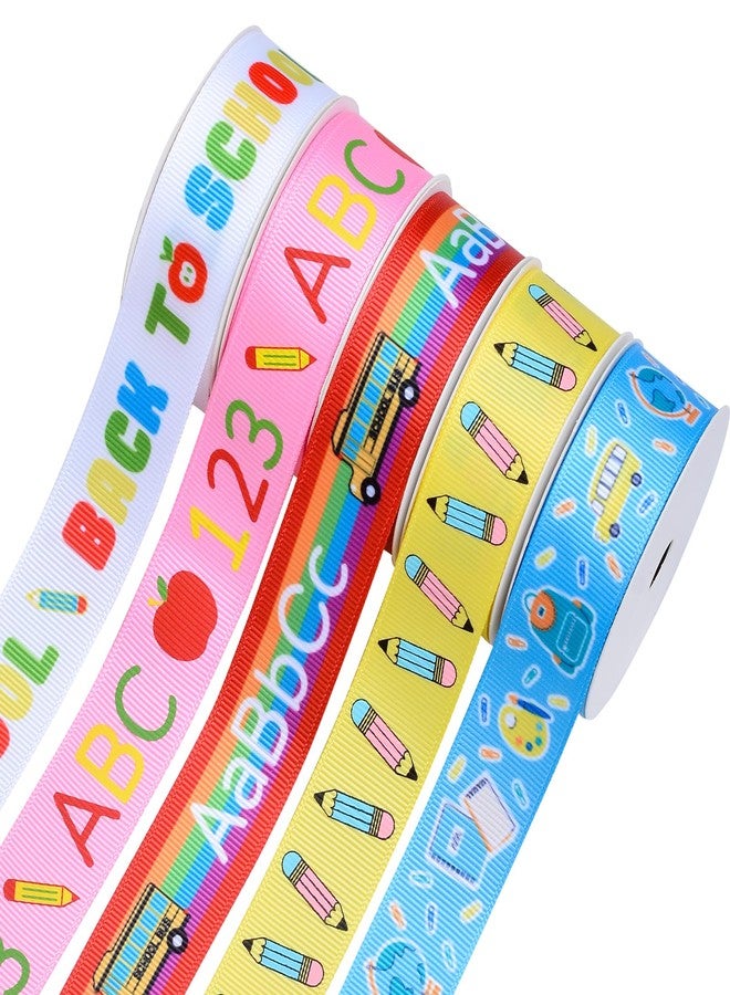 Ribest School Ribbon, 7/8 Inch Back to School Themed Teacher Grosgrain Decorative Ribbon with Bus Pencil Apple ABC Alphabet Pattern for Crafts Gift Wrapping Hair Sewing Wreath, 5 Rolls Total 25 Yards - Image 1